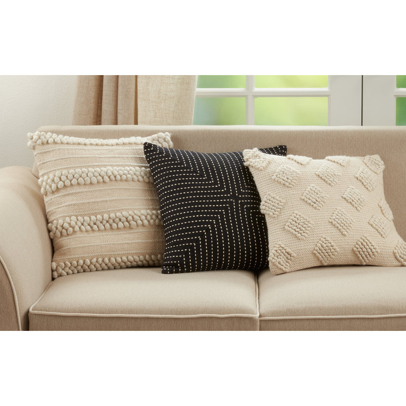Ivory Pom Pom Striped Square Throw Pillow with Down Filling