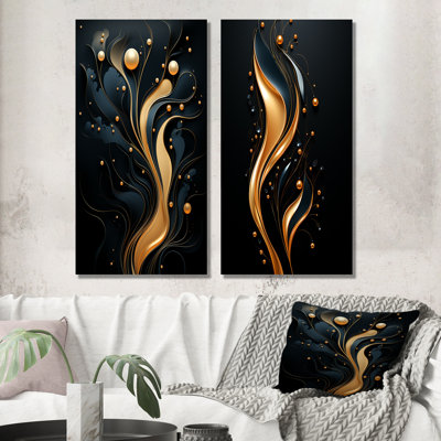 Black And Gold Golden Minimalistic Line Art I - Abstract Wall Art Prints Set Of 2