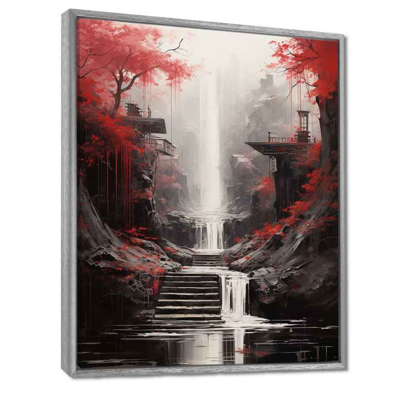 «Red Tree Endless Waterfall Journey», art sur toile, H 32 po x l 24 po x P 1 po, Cadre argenté flottant