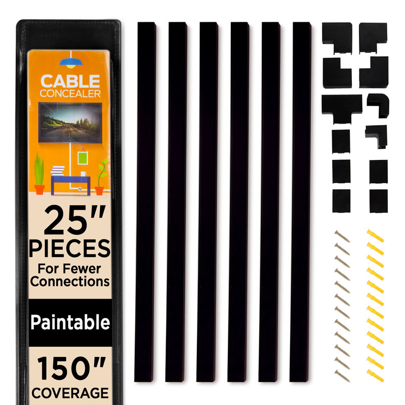 Cable Shield Wire Concealer On-Wall Cord Cover with 6, 25” Raceways – 150” Cable Management System Hides Cords, Wires for Wall TVs, Computers – Black (236867AJX)