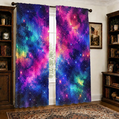 2Pcs Vibrant Galaxy Curtains, Light Filtering Fabric, Swirling Nebula and Starry Sky Pattern, Privacy Protection, Grommet Top Design, Suitable for Living Room, Bedroom, Teen Home Decoration