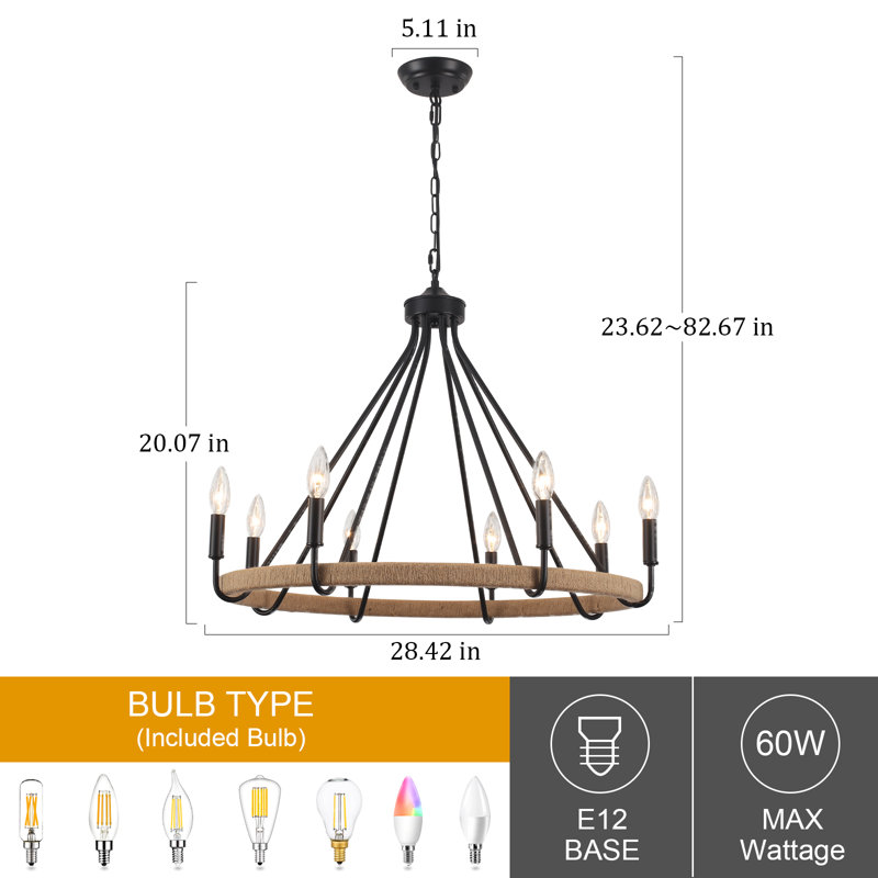8-light Dimmable Wagon Wheel Rattan Chandelier, Matte Black, 8 Lights