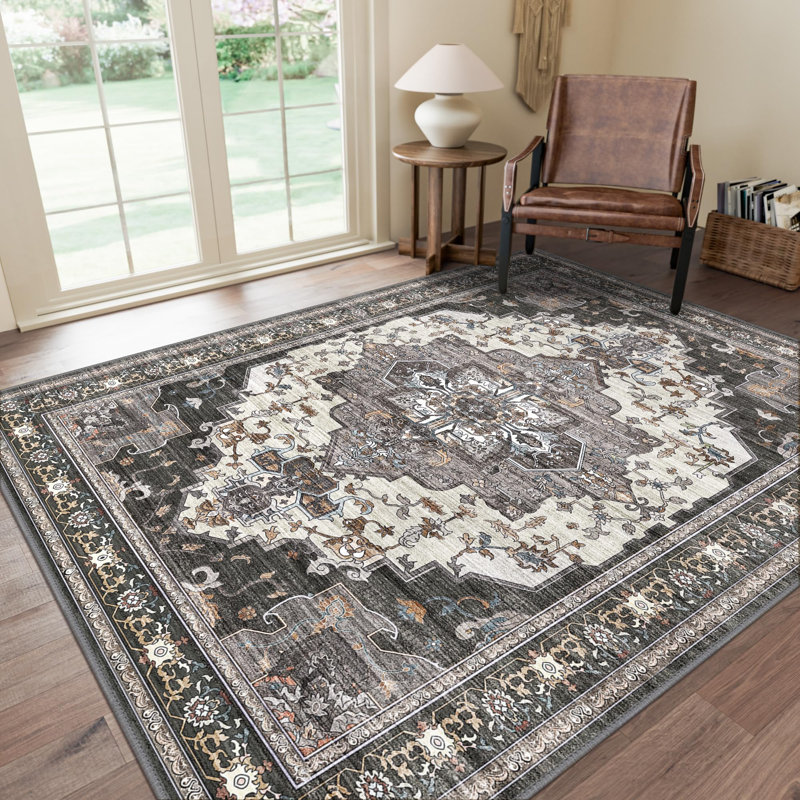 Oriental Neutral Dark Gray Machine Washable Non-Slip Indoor Area Rug, Rectangle 5' x 7'