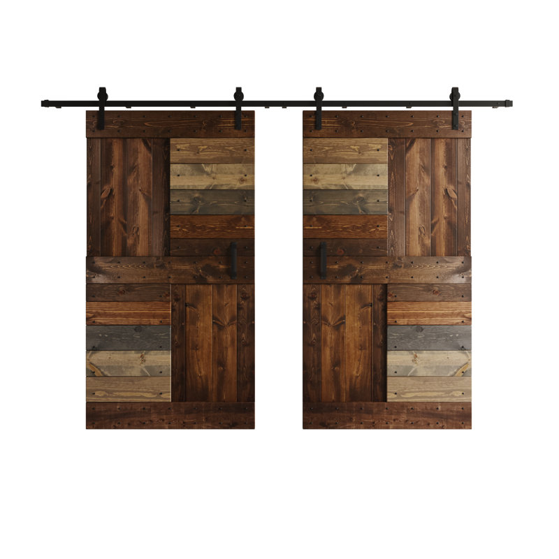 Porte de grange double à panneaux en bois S Series avec trousse de quincaillerie d'installation, Multicolore, 60 po x 84 po