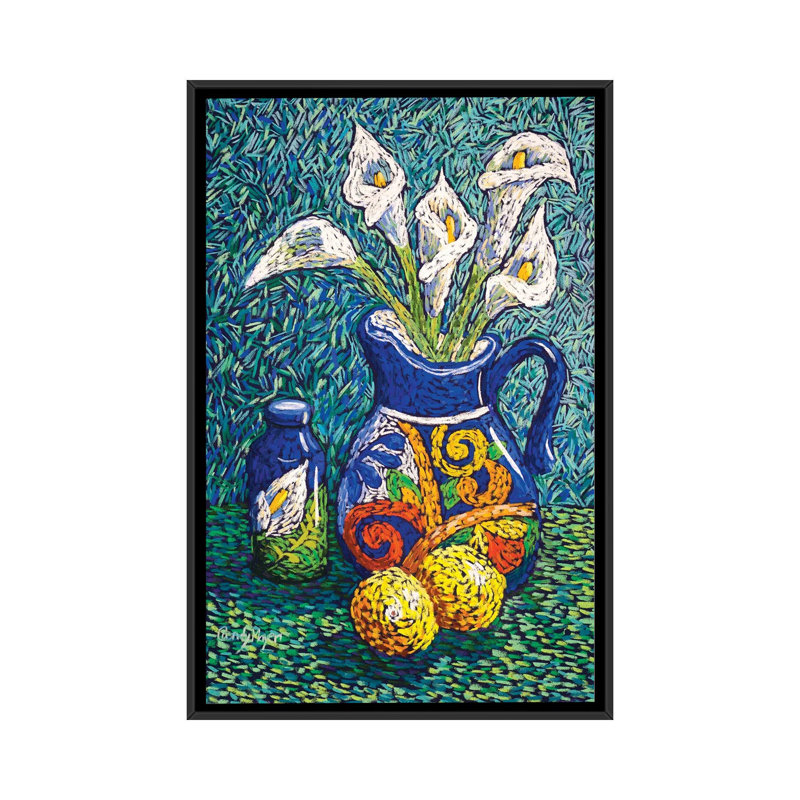 Talavera et lis, H 26 po x l 18 po x 1,5 po, Toile avec cadre noir