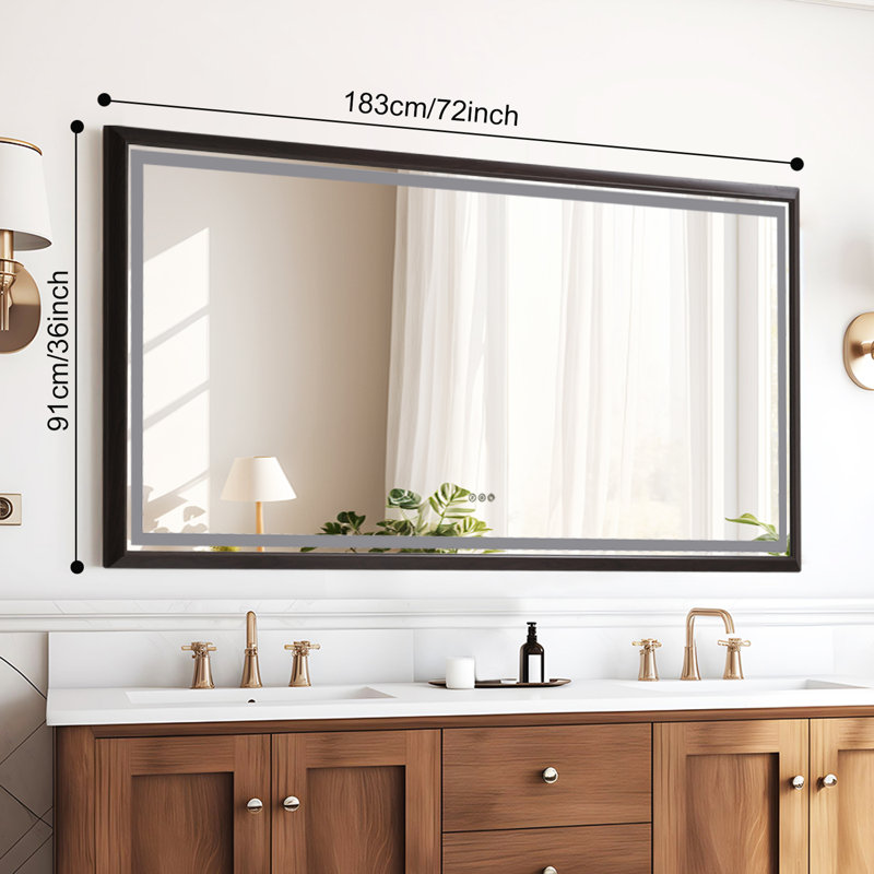 Wood Grain Aluminum Frame Led Frontlit Lighted Bathroom Vanity Mirror, Anti-fog/stepless Dimmable/3 Colors Adjustable