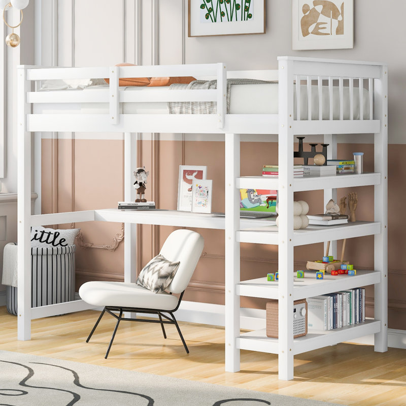 Lit mezzanine simple avec tablettes de rangement et bureau sous le lit, Simple, Blanc