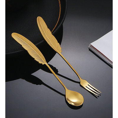 Spoon and fork Stainless Steel Feather Spoon And Fork Household Fruit Fork Coffee Spoon Dessert 304 Stainless Steel Spoon And Fork Set (2pc)