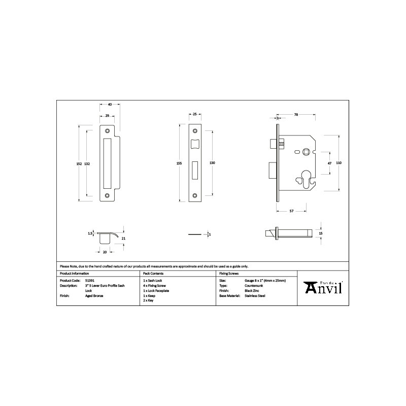 Polished Bronze 3" Euro Profile Sash Lock, Aged Bronze