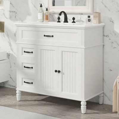 Meuble-lavabo 36 po avec lavabo, armoire de salle de bain avec tiroirs, structure solide et panneau de fibres à densité moyenne