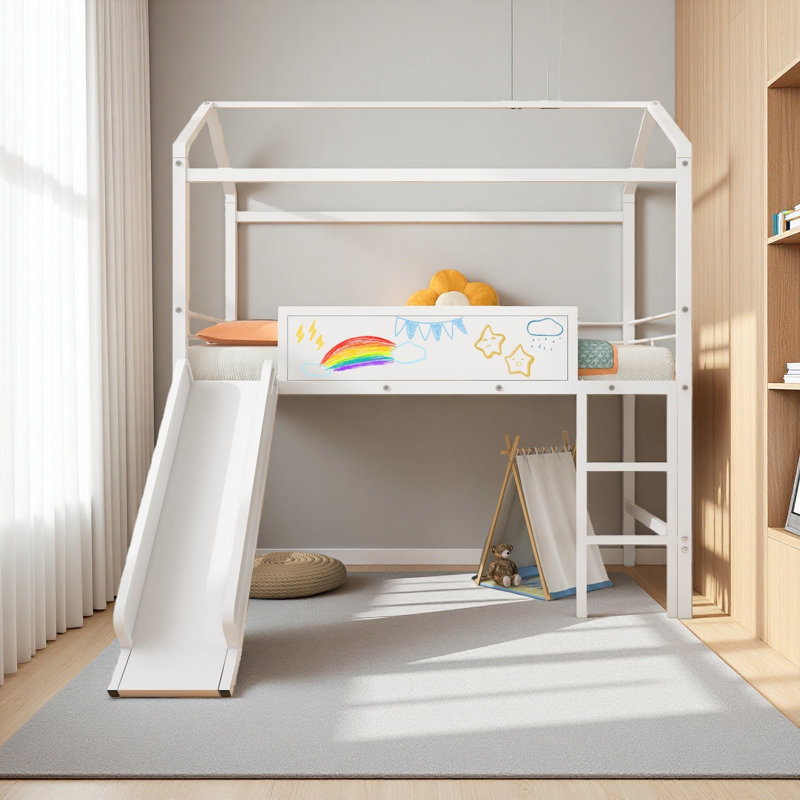Metal House Bed With Slide, Twin Size Metal Loft Bed With Two-Sided Writable Wooden Board, White