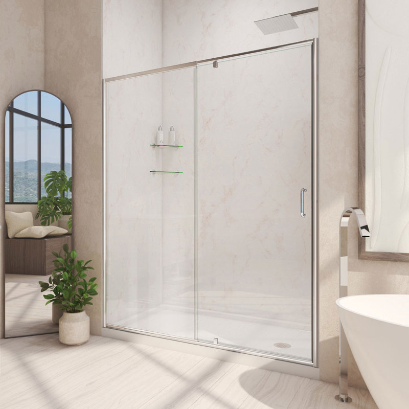 Flex 60" W x 30" D x 74.75" H Semi-Frameless Rectangle Pivot Shower Enclosure with Base Included, Left, Brushed Nickel/White