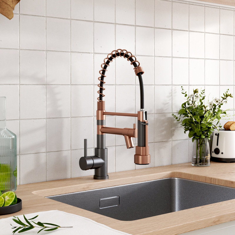 Belfry Kitchen Krokowski Pull Out Kitchen Faucet, Bronze/Matte Black