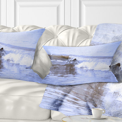 Crisp Blue Waves Splashing Beach - Sea & Shore Printed Throw Pillow