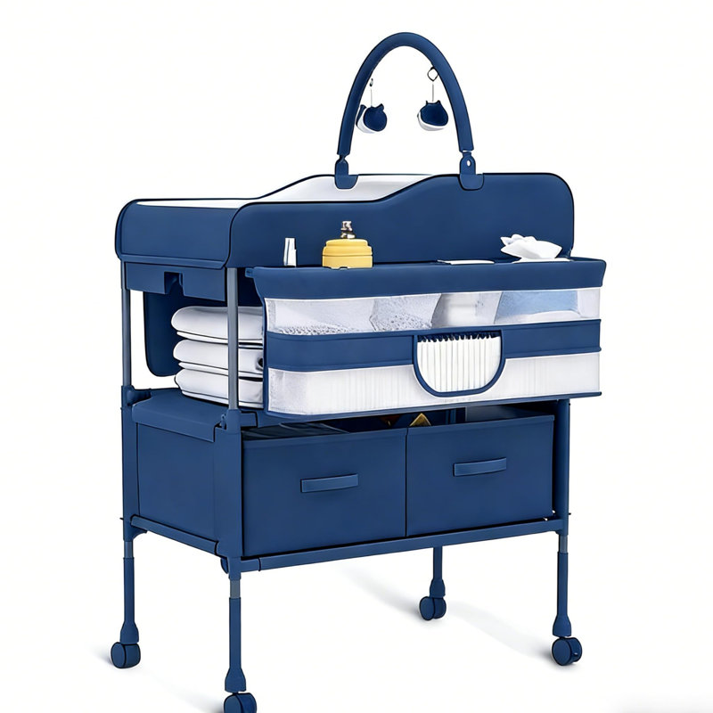 Table à langer portative à hauteur réglable - Station de couches pliable avec roulettes, tiroirs et coussin imperméable - Organisateur mobile de chambre de bébé pour les soins du nouveau-né et du nourrisson - Bleu