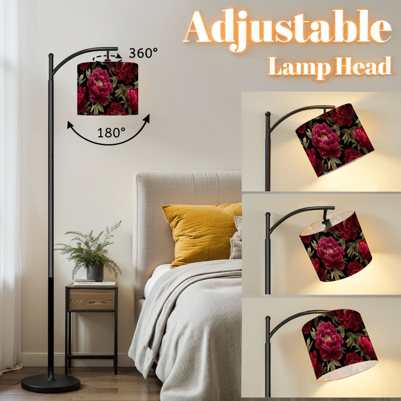Lampe sur pied à arc avec abat-jour réglable pivoines rouges et mauves foncé Lampe sur pied à 3 températures de couleur à intensité variable avec interrupteur au pied pour la chambre à coucher