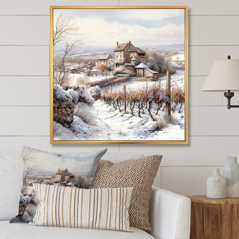 " Vineyard Charm In Winter ", 36" H x 36" W x 1.5" D, Gold Floater Framed