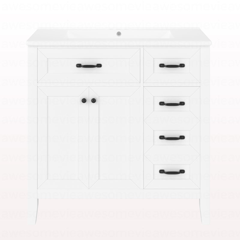 Ensemble de meuble-lavabo 36 po avec lavabo, armoire de salle de bain blanche avec tiroirs, structure solide et panneau de fibres à densité moyenne