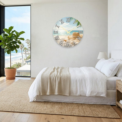 Landscape & Nature Beach Scene With Hat And Palm Trees Ultra Clear Glass Wall Clock