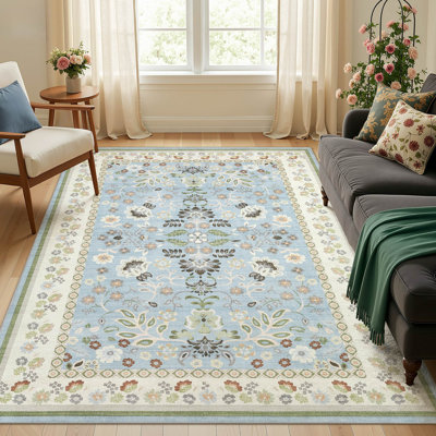 Caulksville Machine Washable Floral Boho Area Rug,Modern Low Pile Carpet with Non-Slip Backing for Easy Cleaning