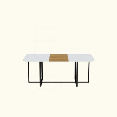 9-Piece Square Dining Table Set, Fixed White Faux Marble & Wood Grain Triamine Tabletop with 8 Faux Leather Chairs, Modern Kitchen Table Set for 8 People, Ideal for Family Gatherings