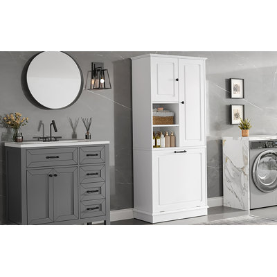 Grande armoire de rangement avec tablettes réglables, grand panier rabattable et armoires fermées - pour la salle de bain, le salon ou le bureau, matériau en bois aggloméré avec poignées en alliage d'aluminium
