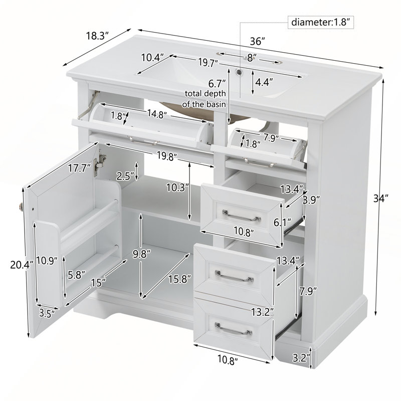 Ensemble de meuble-lavabo durable 36 po avec lavabo en céramique, charnières à fermeture en douceur et plusieurs options de rangement