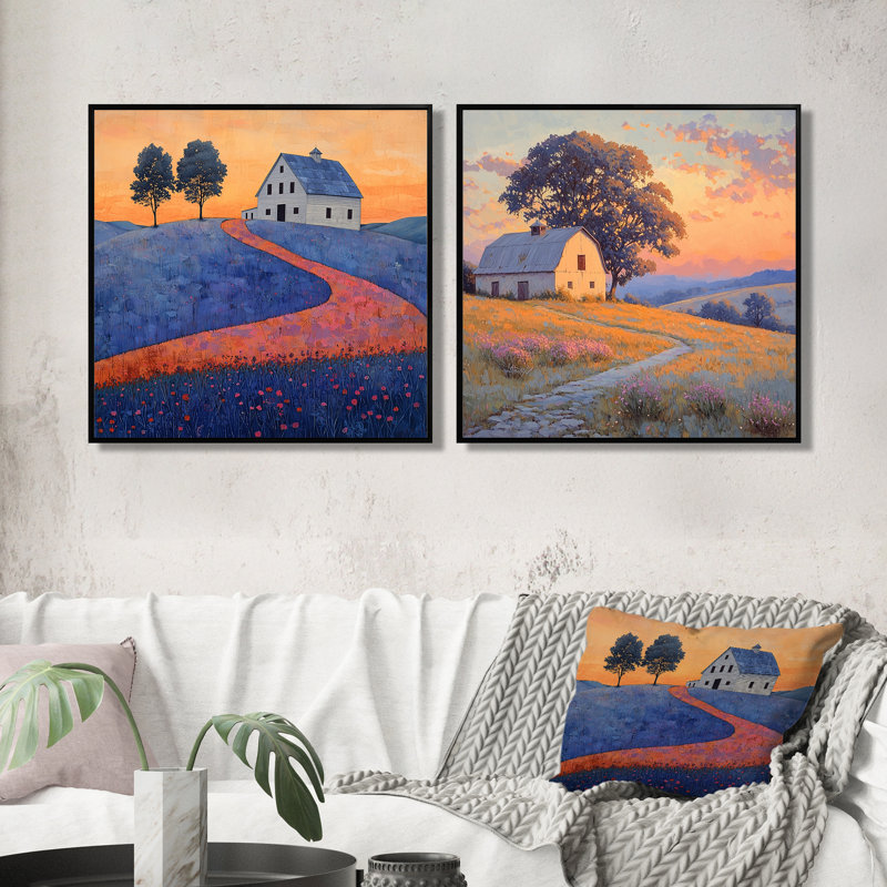 Paysage de ferme coucher de soleil en tons de bleu et orange I - Art mural de ferme - ensemble de 2 décorations murales traditionnelles