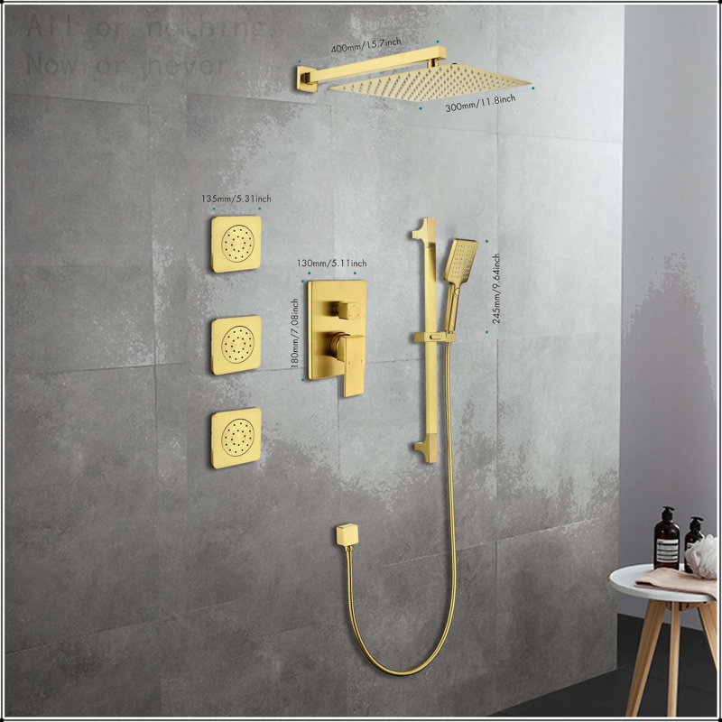 Système de douche mural multifonctionnel avec jets pour le corps, Doré