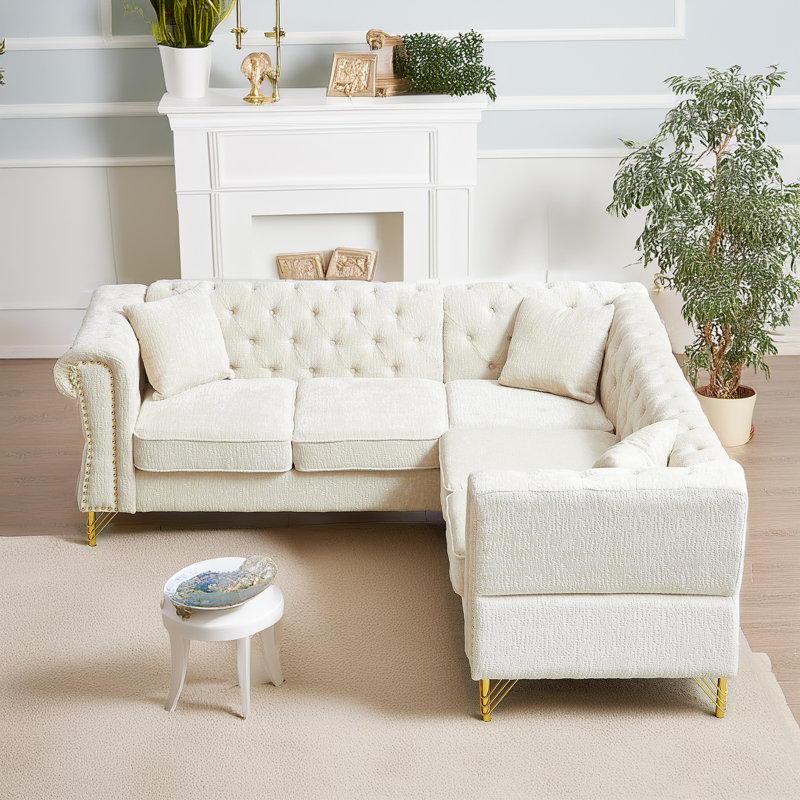 Canapé modulaire en L Chenille de 5 places de 81,5 pouces avec garniture cloutée et coussins en chenille, Chenille beige