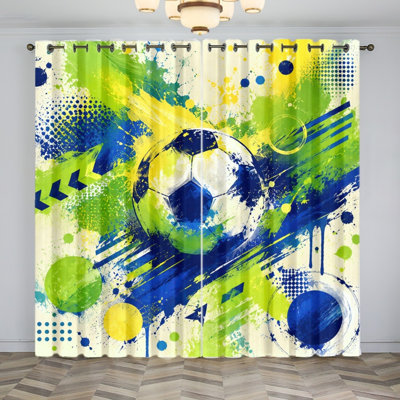 2 pièces rideaux occultants de soccer ball art abstrait, rideaux de fenêtre sur le thème de la peinture de football Splash, décor de salon de chambre à coucher sport vibrant, décoration de coupe du monde de soccer