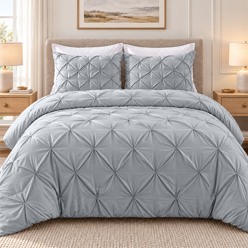 Ameha Bedding Premium Microfiber Pintuck Duvet Set with Matching Pillowcases , S.KING, SILVER