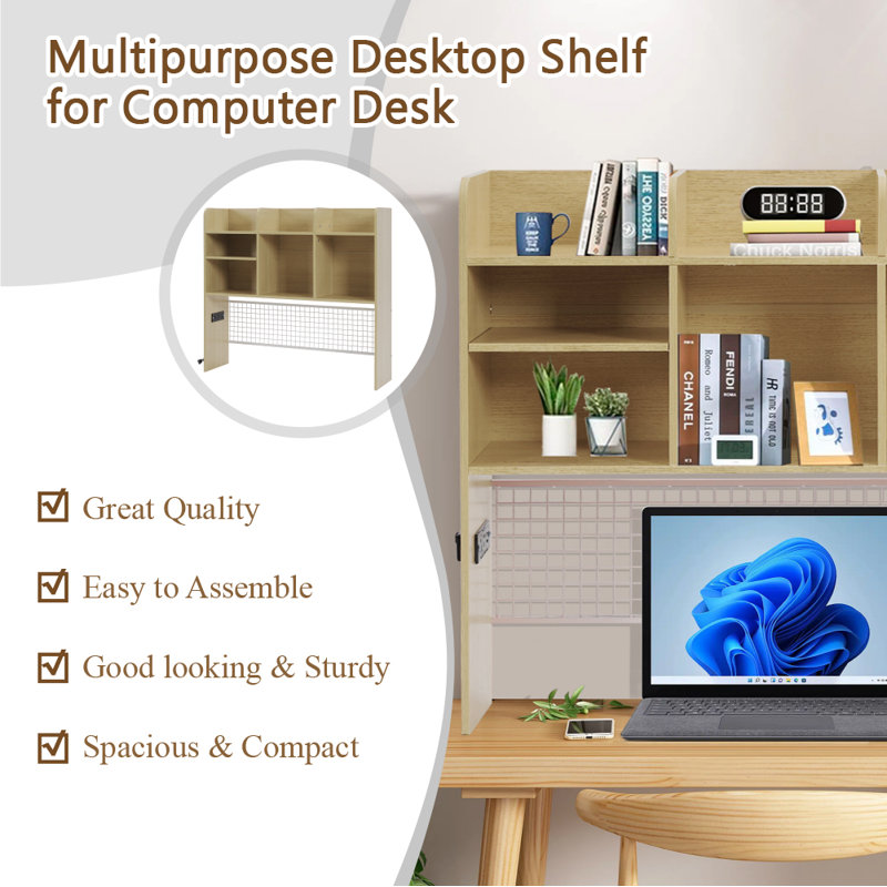 Furnier Desktop Bookshelf With 7-compartment Organizer & Grid Panel, Natural