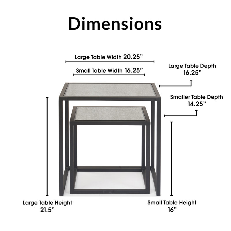 Set of 2 Black Mirrored Nesting Accent Tables with Metal Frame