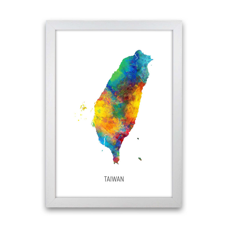 Taiwan Watercolour Map by Michael Tompsett - Print, 88cm H x 64cm W x 3cm D, White Framed