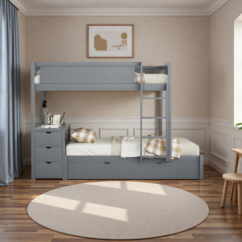 Bunk Bed With Twin Size Trundle, Storage And Desk, Gray, Full Over Full