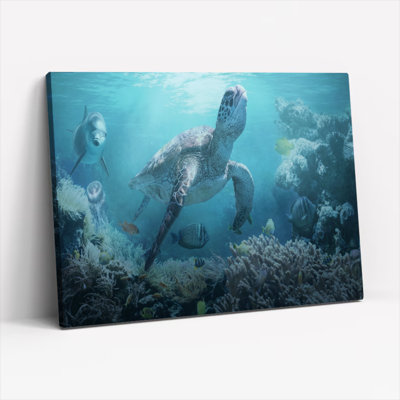 Sea Turtle And Coral Reef Underwater Scene Canvas Wrapped Wall Art Oil Painting Print Set Of 1