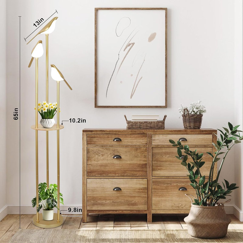 Modern Gold Floor Lamp With 3 Adjustable LED Bird Lights, Mid-Century Standing Lamp With Wood Shelf, Tall Corner Lamp For Living Room, Bedroom, Kids Room