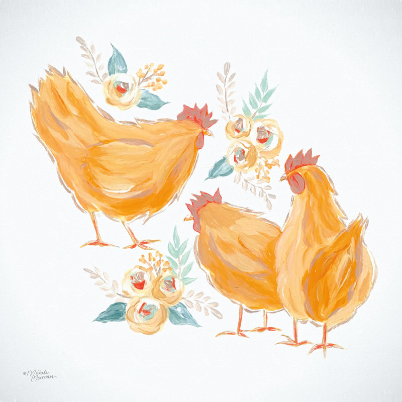 Trio de coqs floraux - Peinture, H 30 po x l 30 po, Non, Toile tendue