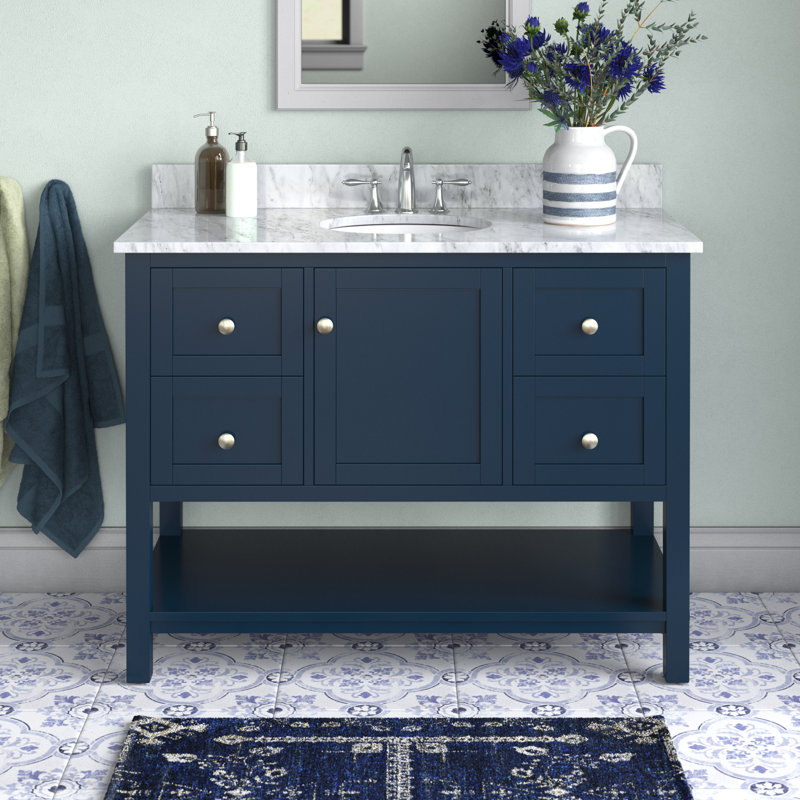Amyra 42'' Single Bathroom Vanity with Genuine Marble Top, Blue