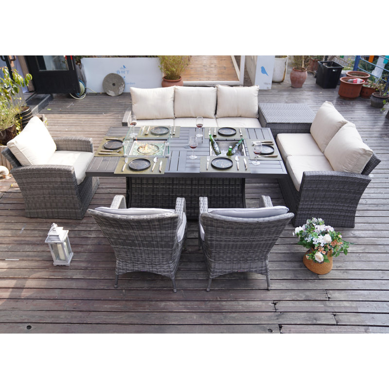 Aliaksey 8 - Person 70.9'' Long Dining Set with Mixed Beige&Gray Cushions