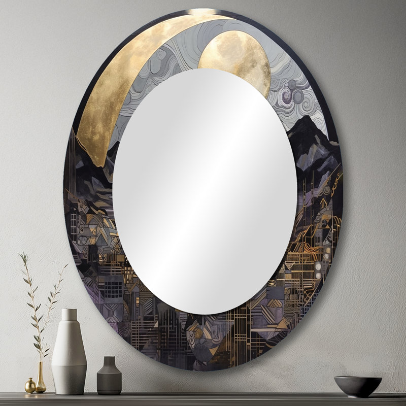 Miroir décoratif doré sur métal Golden Rising Moon III - Paysages, 43 po x 33 po