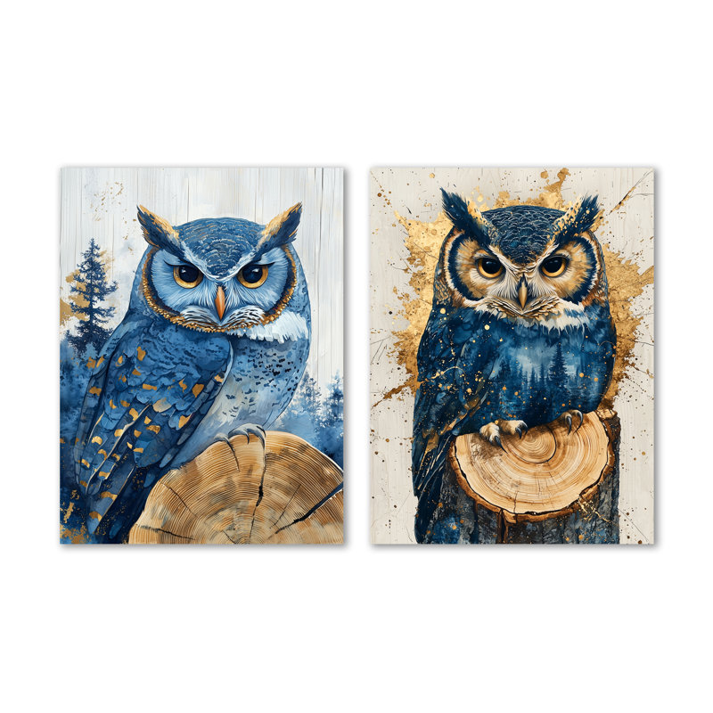 Hibou dans la forêt saphir paysage I - oiseaux, ensemble d'art mural en métal de 2, 32" H x 48" W