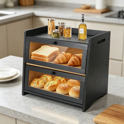 Large Double Layer Bamboo Bread Box with Clear Window and Breathable Magnetic Closure, Kitchen Countertop Storage for Keeping Bread Fresh