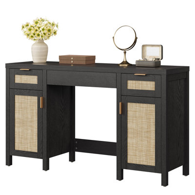 Bohemian Rattan 3-Drawer And 2-Cabinet Makeup Vanity Desk With Adjustable Shelves