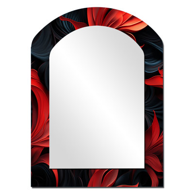 Noir Illusions Moody Patterns - Damask Arch Decorative Mirror, Red Asymmetrical Wall Mirror, Printed Metal Art