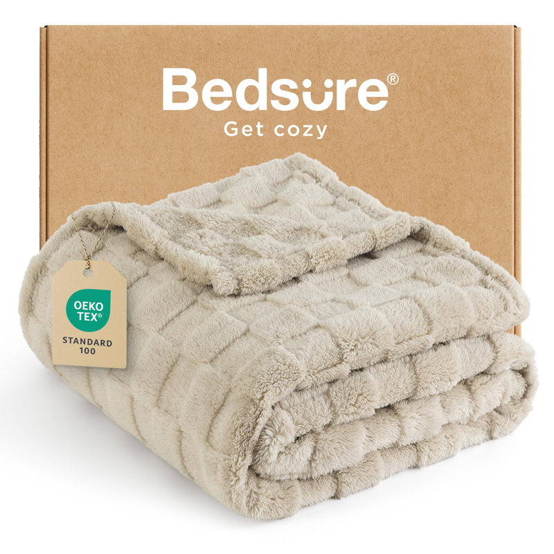 Bedsure Chequered Soft Fluffy Fleece Throw Blanket , Beige, 170cm x 130cm
