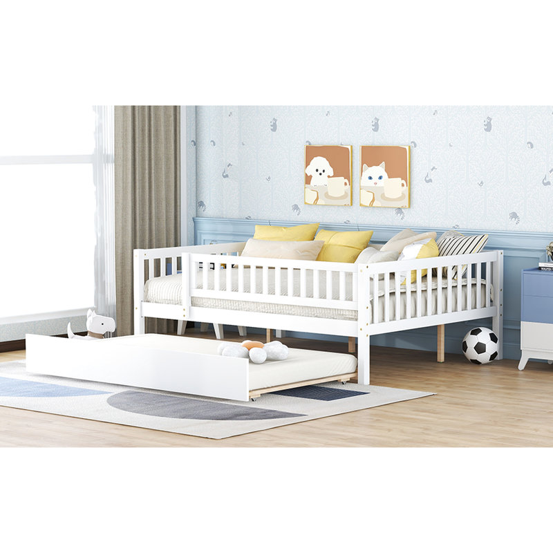 White Size Daybed With Trundle And Secure Guardrail Rails - , Space-Maximizing Bed Full Size Wood In Fence Guardrails For Added No Box Spring Optimize Bedroom Decor Function