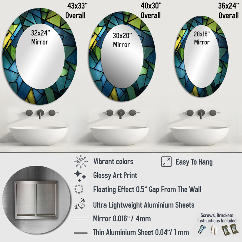 Blue Green Window Tides I - Large Oval Wall Mirror On Metal, 40" x 30"