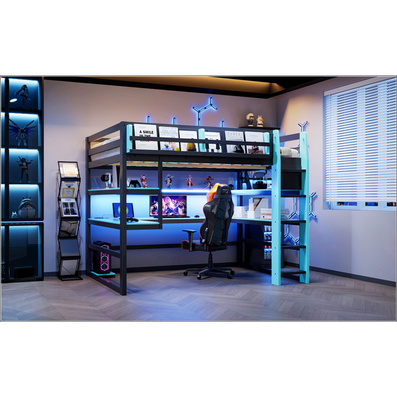 Lit mezzanine double en bois avec bureau, rangement latéral, multi-tablettes et lumière RVB, bleu nuage
